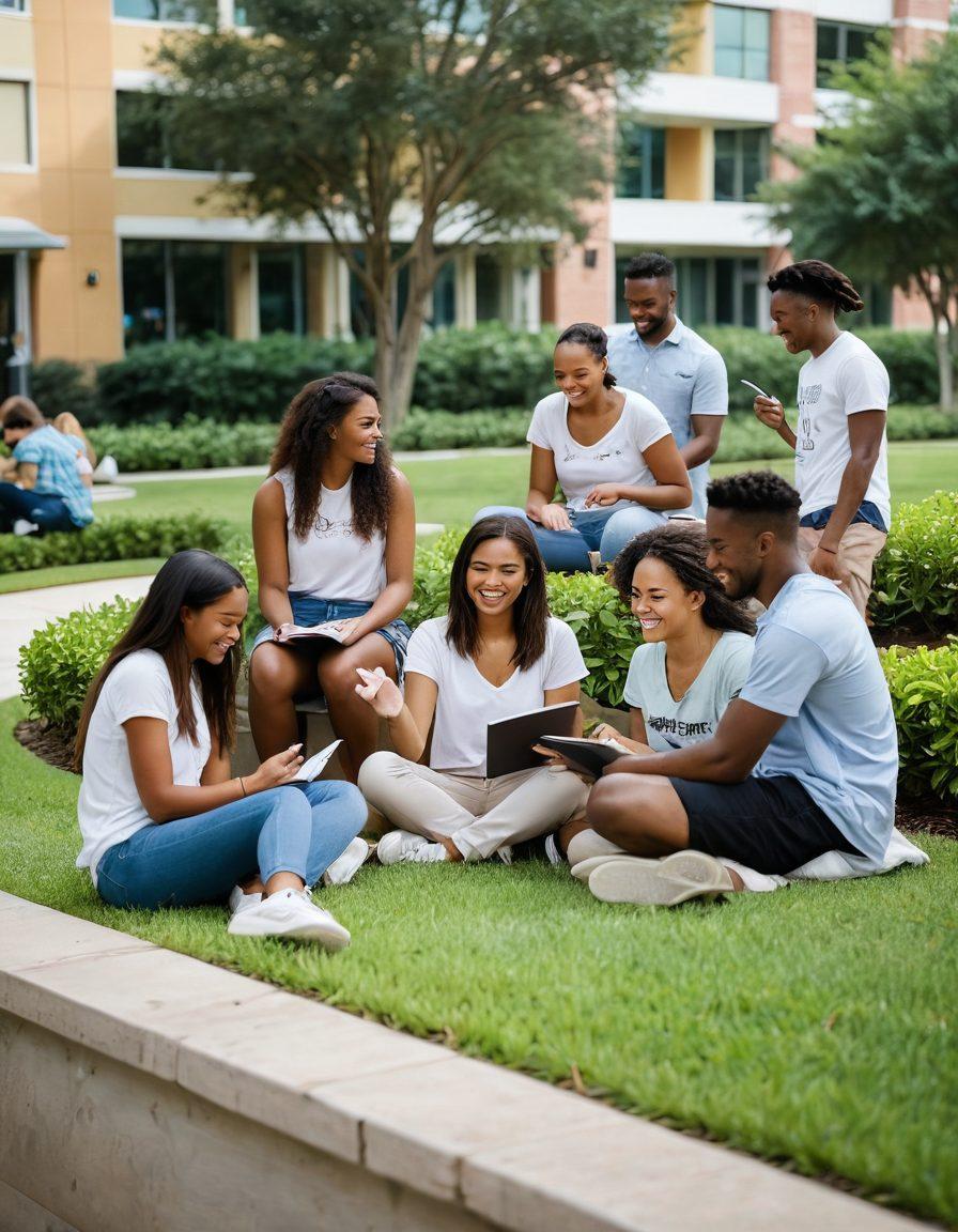 A diverse group of university students laughing and studying together in a vibrant campus setting, surrounded by lush greenery and modern buildings of UCF. In the background, include elements like a library, outdoor study areas, and students engaged in wellness activities. The scene should convey a sense of community, positivity, and well-being. Colorful and lively atmosphere. super-realistic. vibrant colors. 3D.