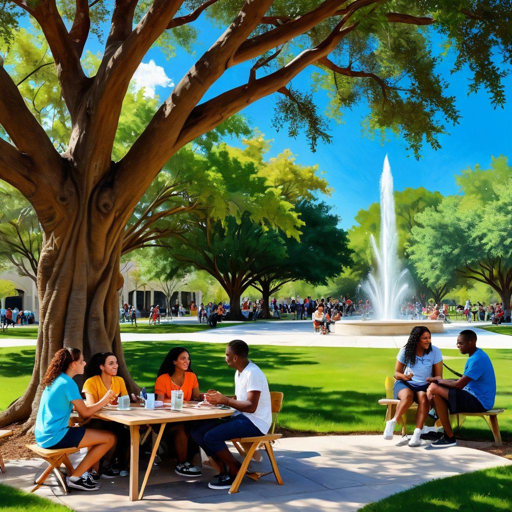 A vibrant scene depicting diverse university students happily engaged in various activities around the UCF campus: a cheerful study group under a shady tree, a group of friends enjoying a picnic by a fountain, and someone painting on a campus mural. Bright blue skies and lush greenery set the mood for a joyful student life. super-realistic. vibrant colors. white background.
