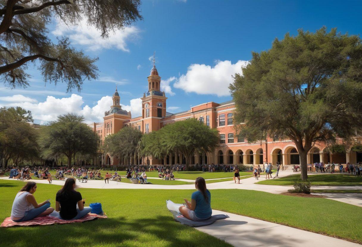 A vibrant campus scene at the University of Central Florida, featuring students engaging in joyful activities like group discussions, outdoor games, and creative projects under a bright blue sky. The foreground should highlight a diverse group of students laughing and sharing ideas, while the background includes iconic university buildings and lush greenery, symbolizing growth and transformation. The overall atmosphere should exude energy and positivity. super-realistic. bright colors. upbeat vibe.